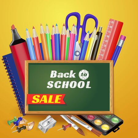 Back to school sale banner vector design in red background with school items and objects for store discount promotion. Vector .のイラスト素材