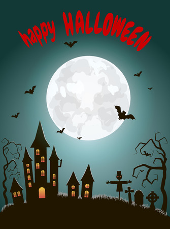 Halloween background with castle, moon, graveyard.のイラスト素材