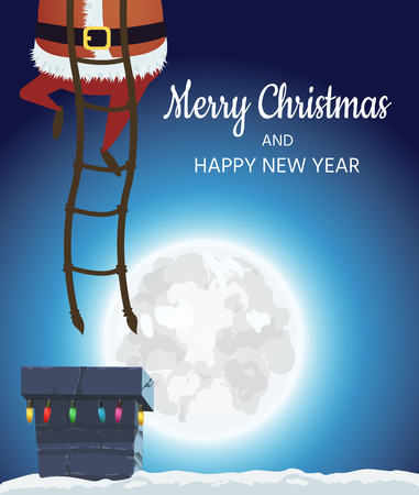Santa Claus on the roof. Goes down the stairs to the chimney with gifts. A winter festive poster designのイラスト素材