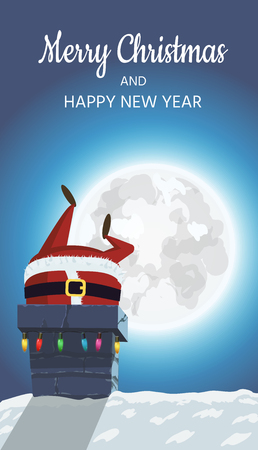 Santa Claus on the roof. Goes down the stairs to the chimney with gifts. A winter festive poster designのイラスト素材