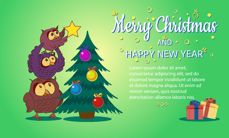 Merry Christmas and happy New Year,The owl family decorates the tree,vector illustration.のイラスト素材