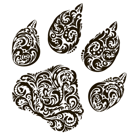 The trace, the imprint of the beast. Design for tattoo, logo, print, floral pattern, fantasy style .Vector illustration.のイラスト素材