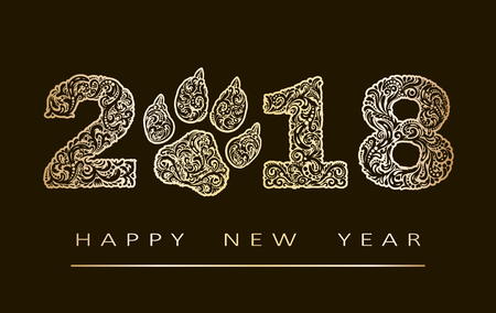 New year card with number 2018 year patterned with gold zen tangled shapes, and text Happy New Year.の写真素材
