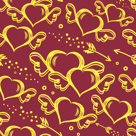 Vector seamless stylish pattern with hand drawn hearts with wings and flying arrows. Valentine's Day. For wrappers, fabrics, textiles, wallpaper, web design.のイラスト素材