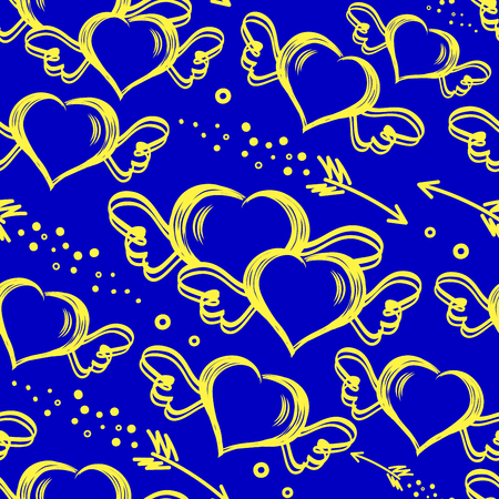 Vector seamless pattern with hand drawn hearts with wings and flying arrows. St.Valentine s day background.のイラスト素材