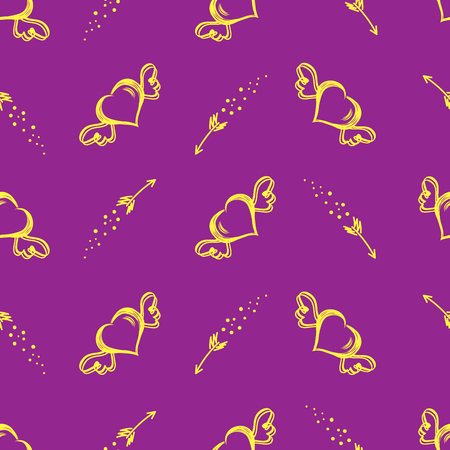 Vector seamless pattern with hand drawn hearts with wings and flying arrows. St.Valentine s day background.のイラスト素材