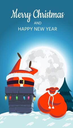cheerful Santa Claus on the roof descends into the chimney. Christmas design of a winter holiday poster, postcards, for banners, posters, brochures, leaflets. Vector illustrationのイラスト素材