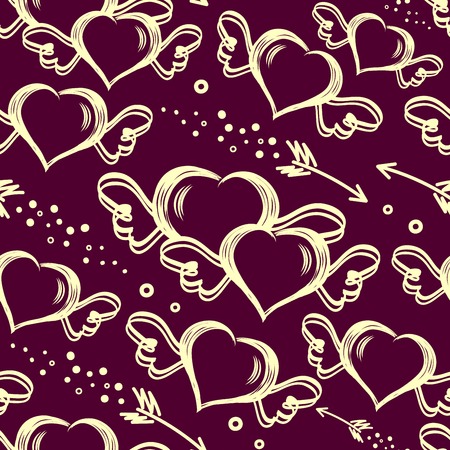 Vector seamless stylish pattern with hand drawn hearts with wings and flying arrows. Valentine's Day. For wrappers, fabrics, textiles, wallpaper, web design.のイラスト素材
