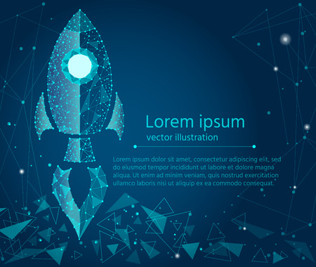 business concept,rocket startup,bright neon.isolated from low poly wireframe on a blue background. Vector abstract geometric polygonal image mash line and point.のイラスト素材