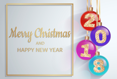 Merry Christmas. 2018 New Year's spheres with golden text. 3d Christmas ball. design element. vector design for banners, posters, leaflets, calendar, postcards.のイラスト素材