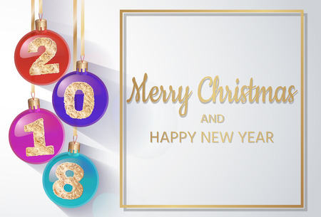 Merry Christmas. 2018 New Year's spheres with golden text. 3d Christmas ball. design element. vector design for banners, posters, leaflets, calendar, postcards.のイラスト素材