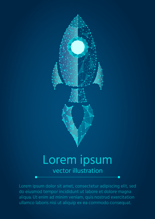 business concept,rocket startup,bright neon.isolated from low poly wireframe on a blue background. Vector abstract geometric polygonal image mash line and point.のイラスト素材