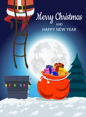 Santa Claus on the roof descends into the chimney. Christmas design of a winter holiday poster, postcards, for banners, posters, brochures, leaflets,Place for your text. Vector illustrationのイラスト素材