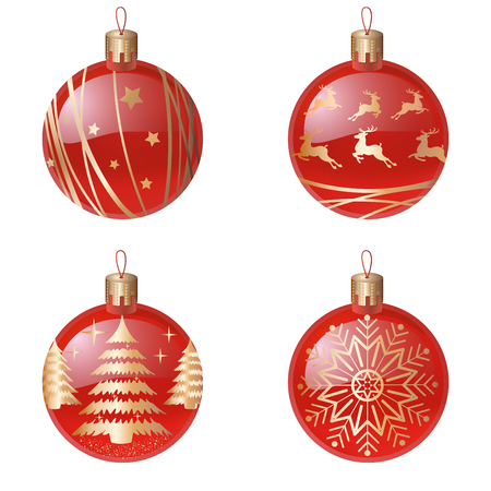 Christmas tree decorations isolated on white background  illustration set. Winter Holidays and Celebrations concept. Balls red realistic balls, with a golden silhouette of a Christmas tree, deer, snowflake, abstract lines.の写真素材