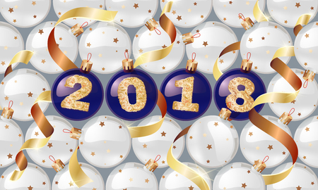 happy New Year. 2018. Christmas balls with a golden text and golden serpentine. Christmas design, winter holidays. illustrations. for banners, posters, leaflets, calendar postcardsの写真素材