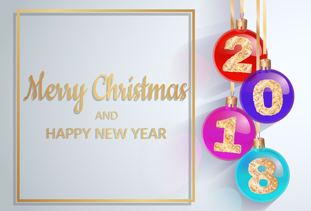 Merry Christmas. 2018 New Year's spheres with golden text. 3d Christmas ball. design element.  design for banners, posters, leaflets, calendar, postcards.の写真素材