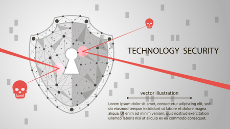 Low poly wire frame background: shield on digital data background. Illustrates cyber data security or information privacy idea. High speed internet technology.Protection concept.Vector illustrationのイラスト素材