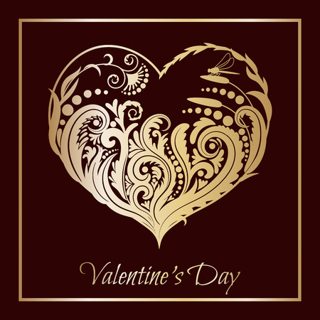 Valentines day card. Floral heart.beautiful silhouette of the heart of lace flowers, tendrils and leaves.Vector illustrationの写真素材