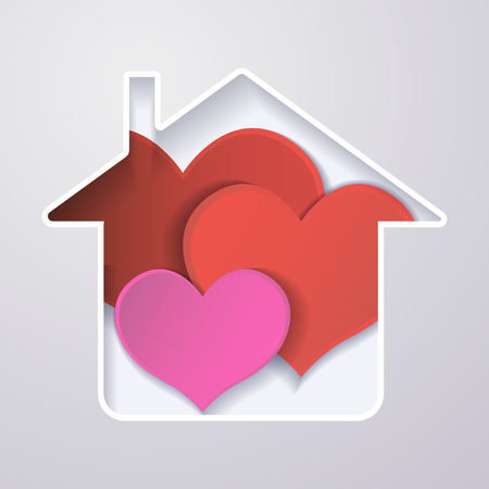 paper red heart in the house, the concept of a happy family.origami design greeting cards.3d effect. Vector illustration.のイラスト素材