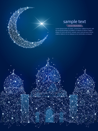 Mosque and moon poly frame on a blue background, abstract design of lines and dots, in the form of a night sky and stars. Vector illustration.のイラスト素材