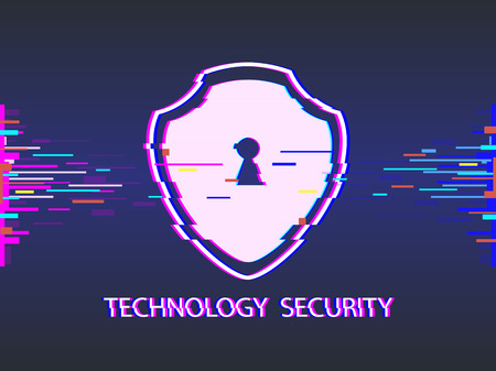 Cyber security concept shield, glitch design vector illustration