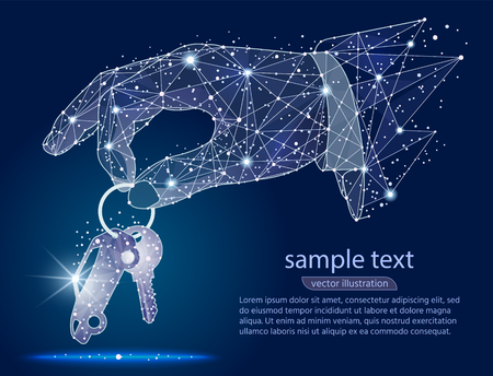 hand giving car keys.abstract design , logo isolated from low poly wireframe on space background. Vector abstract polygonal image mash line and point. Digital graphics illustrationのイラスト素材