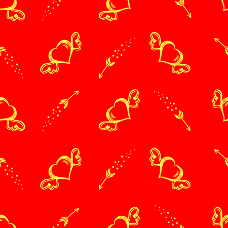 seamless pattern with hand drawn hearts with wings and flying arrows. St.Valentine s day backgroundの写真素材