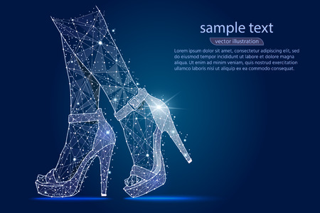 womens legs in shoes, high heels.abstract design ,logo isolated from low poly wireframe on space background. Vector abstract polygonal image mash line and stars. Digital graphics illustration.のイラスト素材