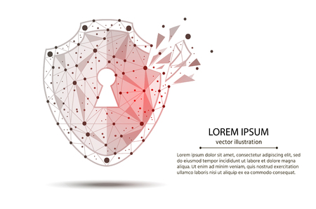 Cyber-Security Technology. Security Violation. shield, created from lines and points with elements of destruction. Isolated from low poly wireframe on white background.のイラスト素材