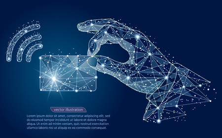 NFC technology. payments concept. NFC touch payment vector outline Icon. Wireless bank payment by debit or credit card and POS terminal.logo isolated from low poly wireframe on space background. Vector abstract polygonal image mash line and point.のイラスト素材