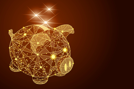 Concept of business. Abstract polygonal piggy bank. in the form of golden sand and lines. Low poly wireframe illustration.の写真素材