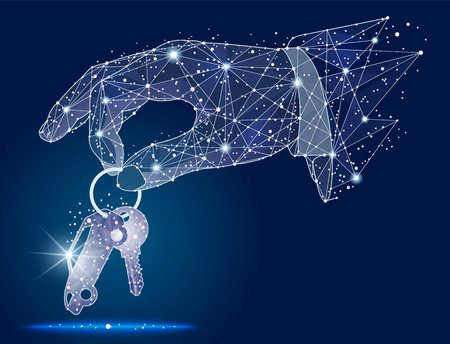 Hand giving car keys.abstract design , logo isolated from low poly wireframe on space background.  abstract polygonal image mash line and point. Digital graphics illustrationの写真素材