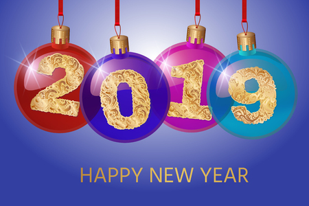 Happy New Year 2019. Vector greeting illustration with golden numbers.background decoration.3D Realistic greeting card design template.のイラスト素材
