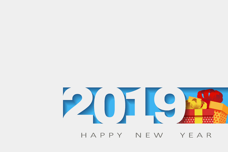 2019 Happy new year. Numbers Design of greeting card of. Happy New Year Banner with 2018 Numbers.gifts 3d. Vector illustration.のイラスト素材