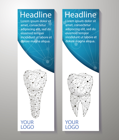 Healthy teeth and dental implant. banners design. Can use for marketing. Dentistry. Implantation of human teeth. Polygonal wireframe from dots and lines, abstract design. Digital graphics vector illustration.のイラスト素材