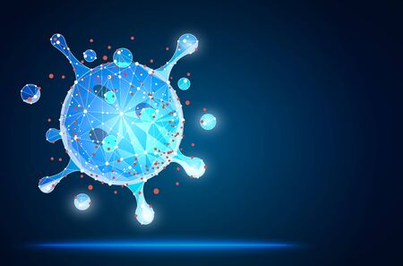Virus. Abstract vector 3d microbe isolated on blue background. Coronavirus. virion of Coronavirus on blue background. Vector abstract polygonal image mash line and stars.のイラスト素材
