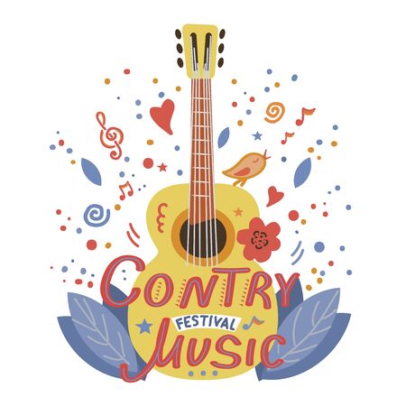 Illustration with acoustic guitar and hand lettering. Guitar concert flyer template. Flat hand drawn vector illustration.のイラスト素材