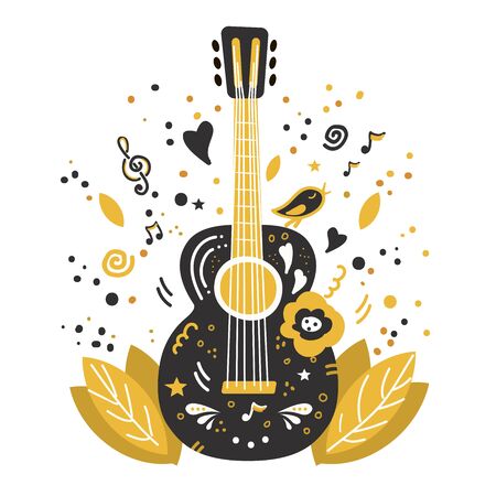 Illustration with acoustic guitar and hand lettering. Guitar concert flyer template. Flat hand drawn vector illustration.のイラスト素材