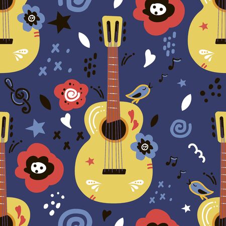 seamless pattern. acoustic guitar. on blue background.のイラスト素材
