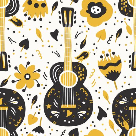 seamless pattern. acoustic guitar with cute flowers. on white background.のイラスト素材