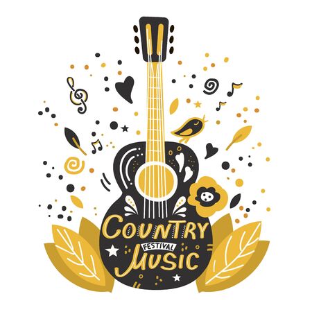 Illustration with acoustic guitar and hand lettering. Guitar concert flyer template. Flat hand drawn vector illustration.のイラスト素材
