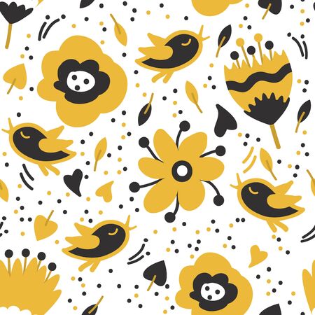 Seamless floral pattern with birds on white backgroundのイラスト素材