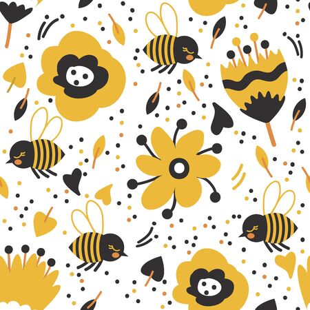 seamless pattern with cute bees and flowers on white backgroundのイラスト素材