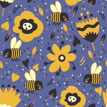 seamless pattern with cute bees and flowers on blue backgroundのイラスト素材