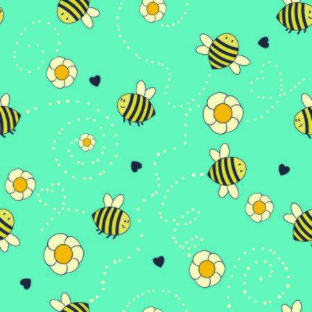 Seamless pattern with cute bees and flowersのイラスト素材