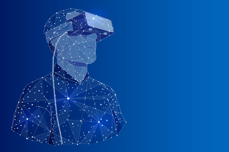 Man wearing virtual reality glasses. Abstract image of a virtual reality, consisting of points, lines, and shapes. Virtual reality glasses.のイラスト素材