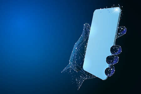 Mans hand holding the smartphone. Abstract polygonal wireframe closeup mobile phone with blank white empty screen. Communication app smartphone concept. Isolated on blue background.のイラスト素材