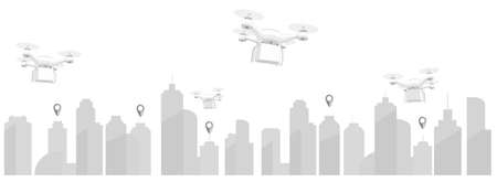 Delivery drone with the cardboard box flying over the town. Quadcopter carrying a package to customer. ityscape background flat horizontal.のイラスト素材