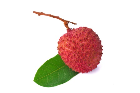 Fresh lychees with leaves isolated on white backgroundの写真素材