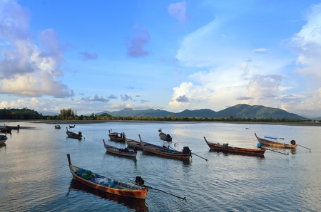 fisherman rowing at Krabi, Thailandの写真素材